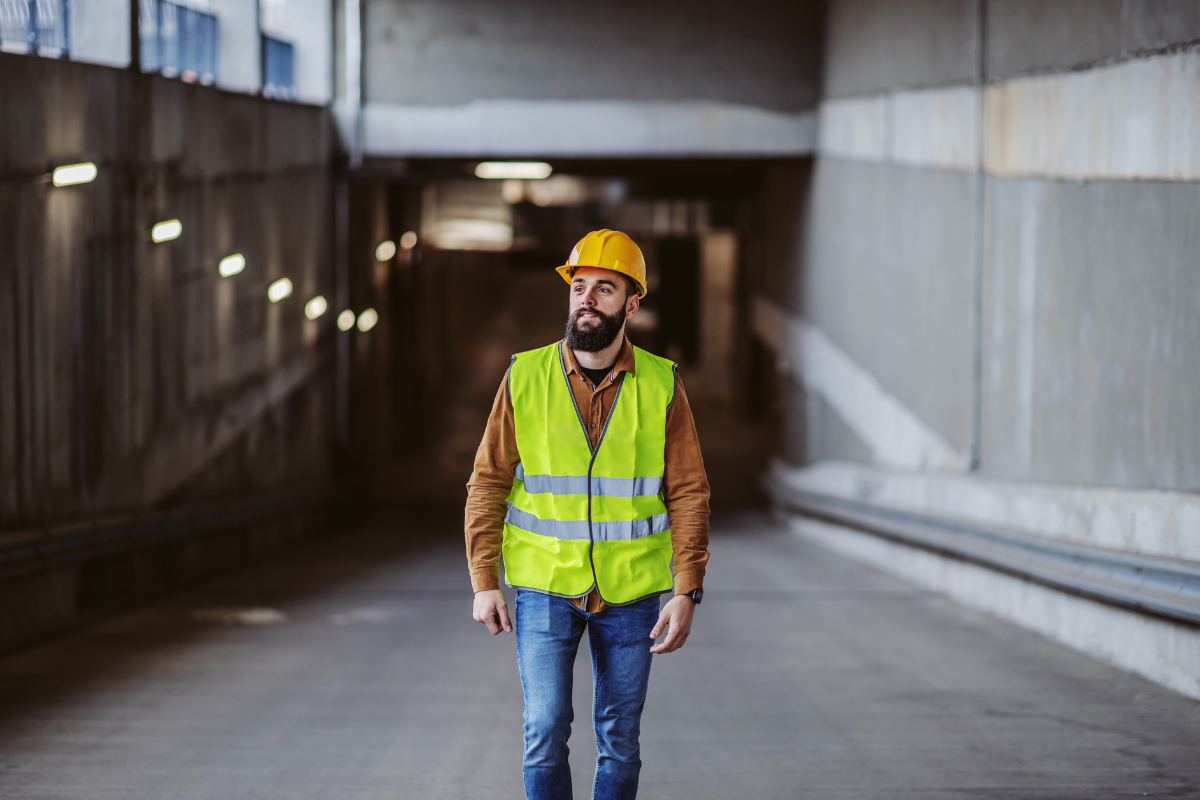 Construction worker wearing reflective vest and hard helmet