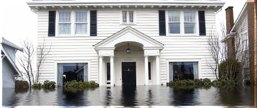 House partially submerged in water from the front