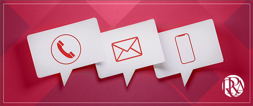 Pop-up icons of an envelope, telephone, and smart phone