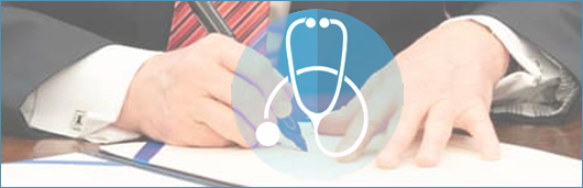 Stethoscope superimposed over an image of a man in a suite at a desk writing