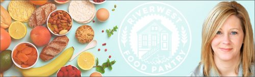 Graphic of multiple foodstuffs next to the Riverwest Food Pantry logo next to an image of Patti Blaschka