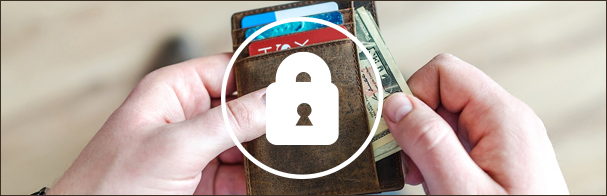 Hands pulling cash from a wallet with a graphic of a lock superimposed over it