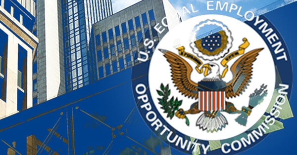 U.S Equal Employment Opportunity Commission seal superimposed on top of graphic of state buildings