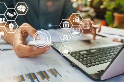 Businessman working on project for SWOT analyzing company financial report balance with augmented reality graphics at modern office space. Concept for business, economy, marketing and strategy.