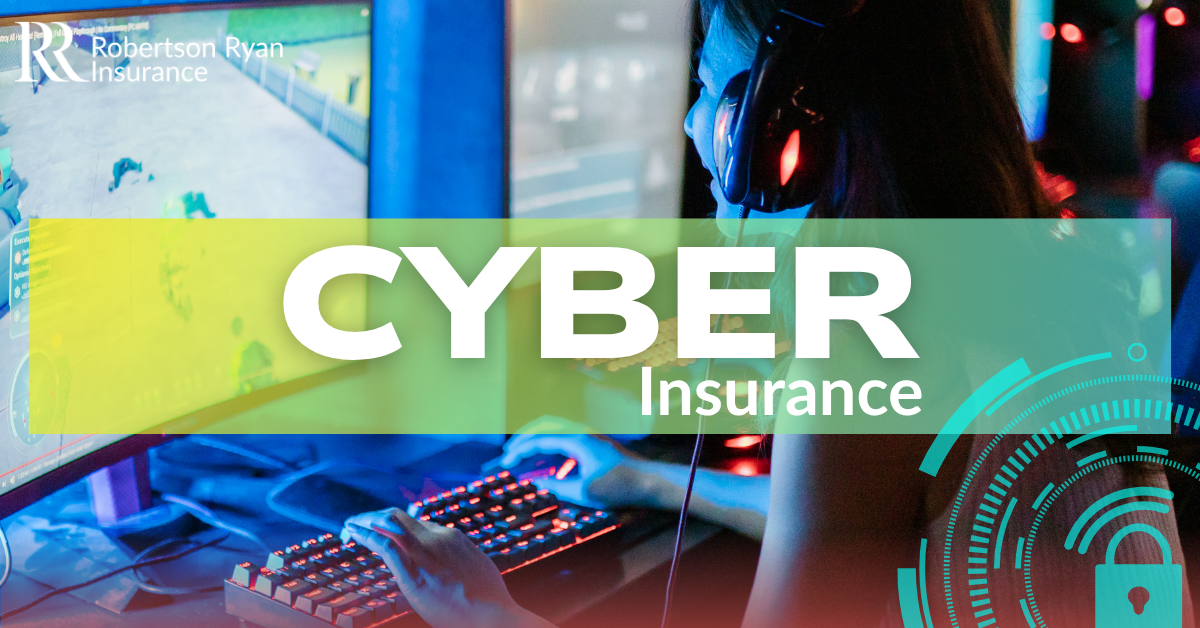 Woman working at computer who appears to be cyber criminal. Text of Cyber Insurance over top.